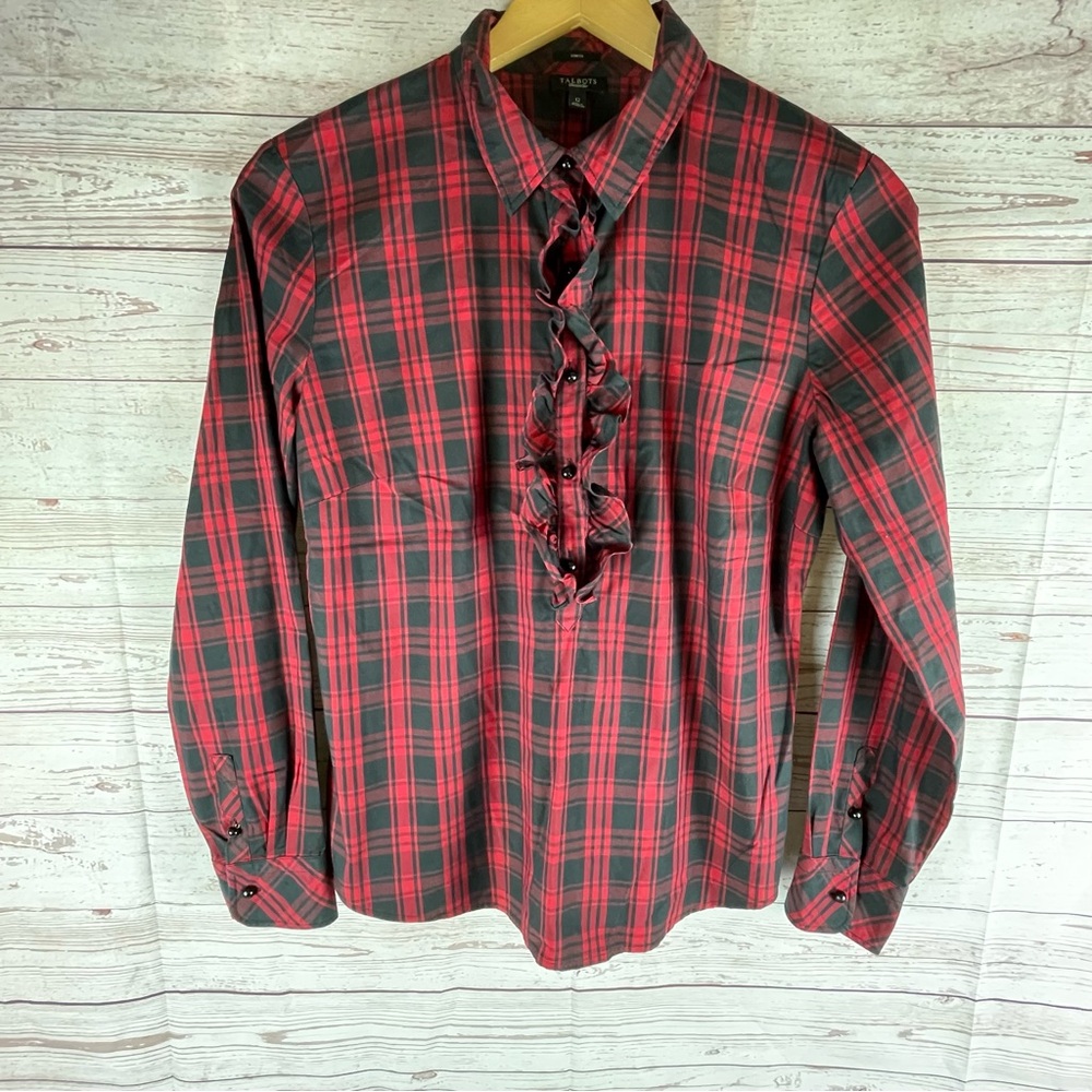 Talbots Red and Black Plaid Ruffle Front Blouse Shirt Size 12 Stretch Preppy